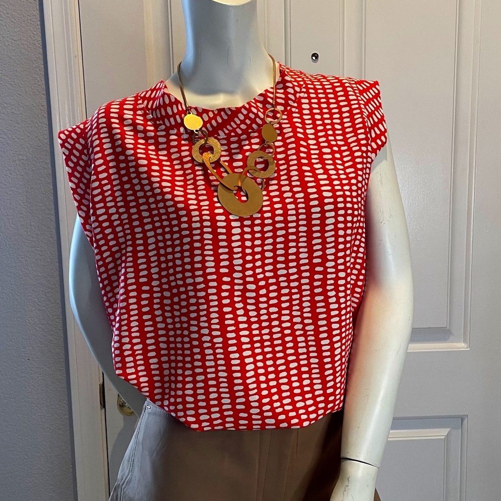 CAbi Madeleine Orange White Polka Dot Drape Neck Style 294 Size:Medium